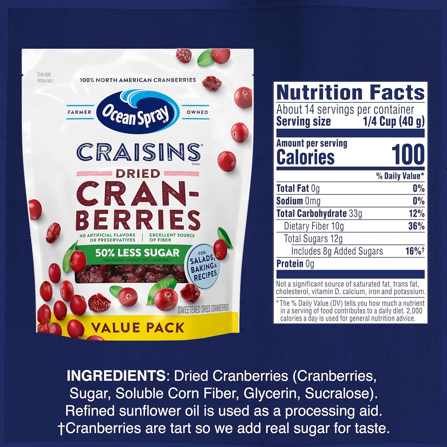 Ocean Spray Craisins 50% Less Sugar Dried Cranberries — Soft Chewy Berry Snack for Children Lunch Bags and Weekend Outings