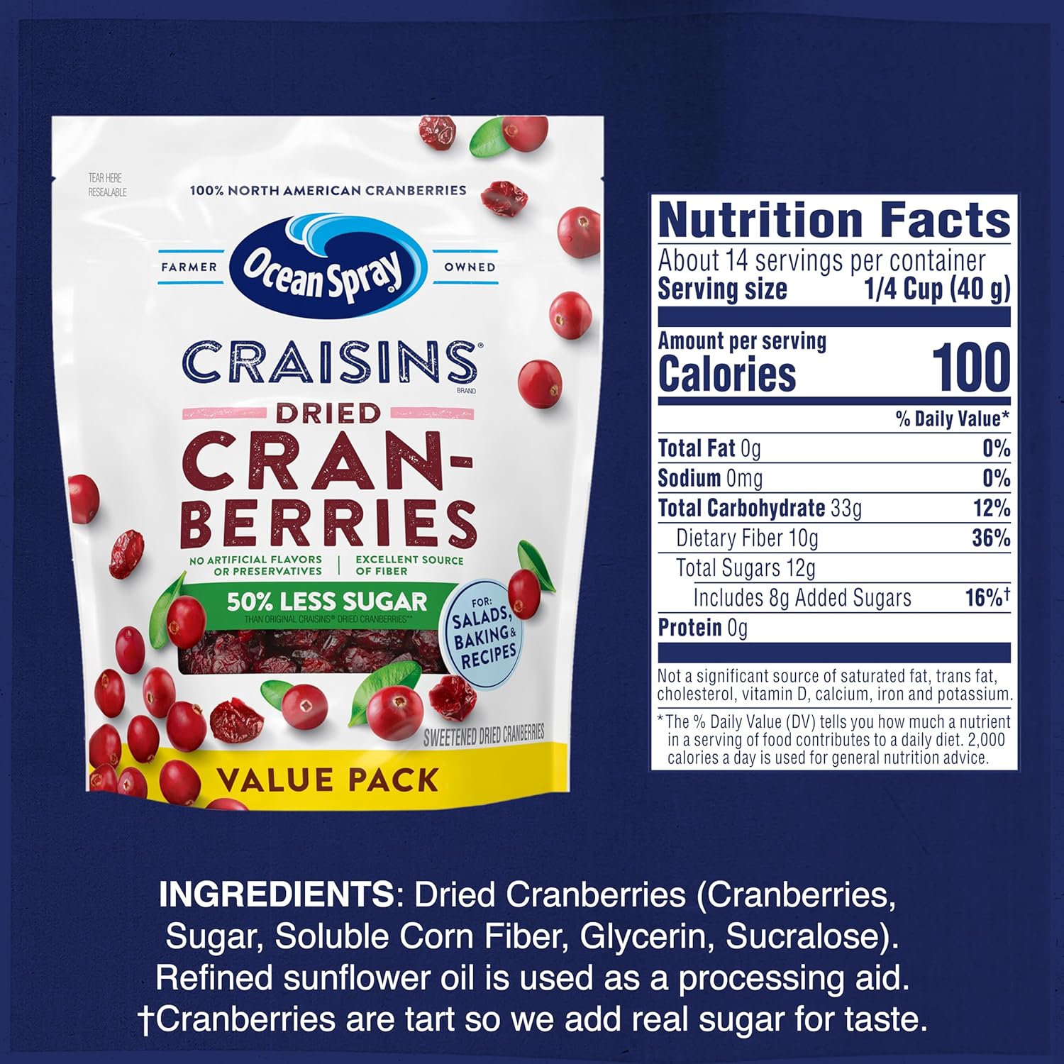 Ocean Spray Craisins 50% Less Sugar Dried Cranberries — Soft Chewy Berry Snack for Children Lunch Bags and Weekend Outings