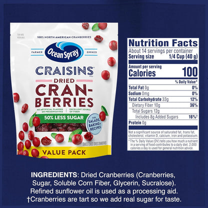 Ocean Spray Craisins 50% Less Sugar Dried Cranberries — Soft Chewy Berry Snack for Children Lunch Bags and Weekend Outings