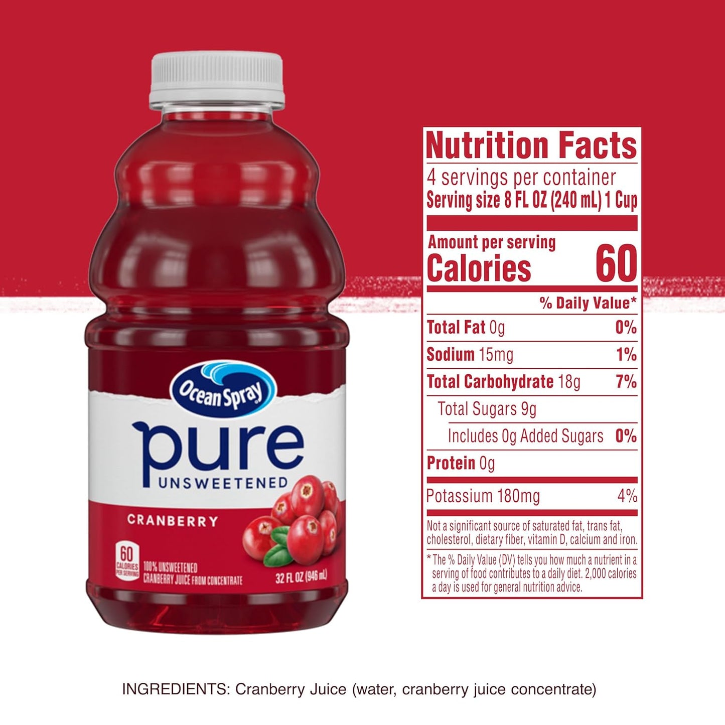 Ocean Spray® Pure Unsweetened Cranberry Juice – Durable Travel Bottle for Camping and Road Trips, 32 Fl Oz