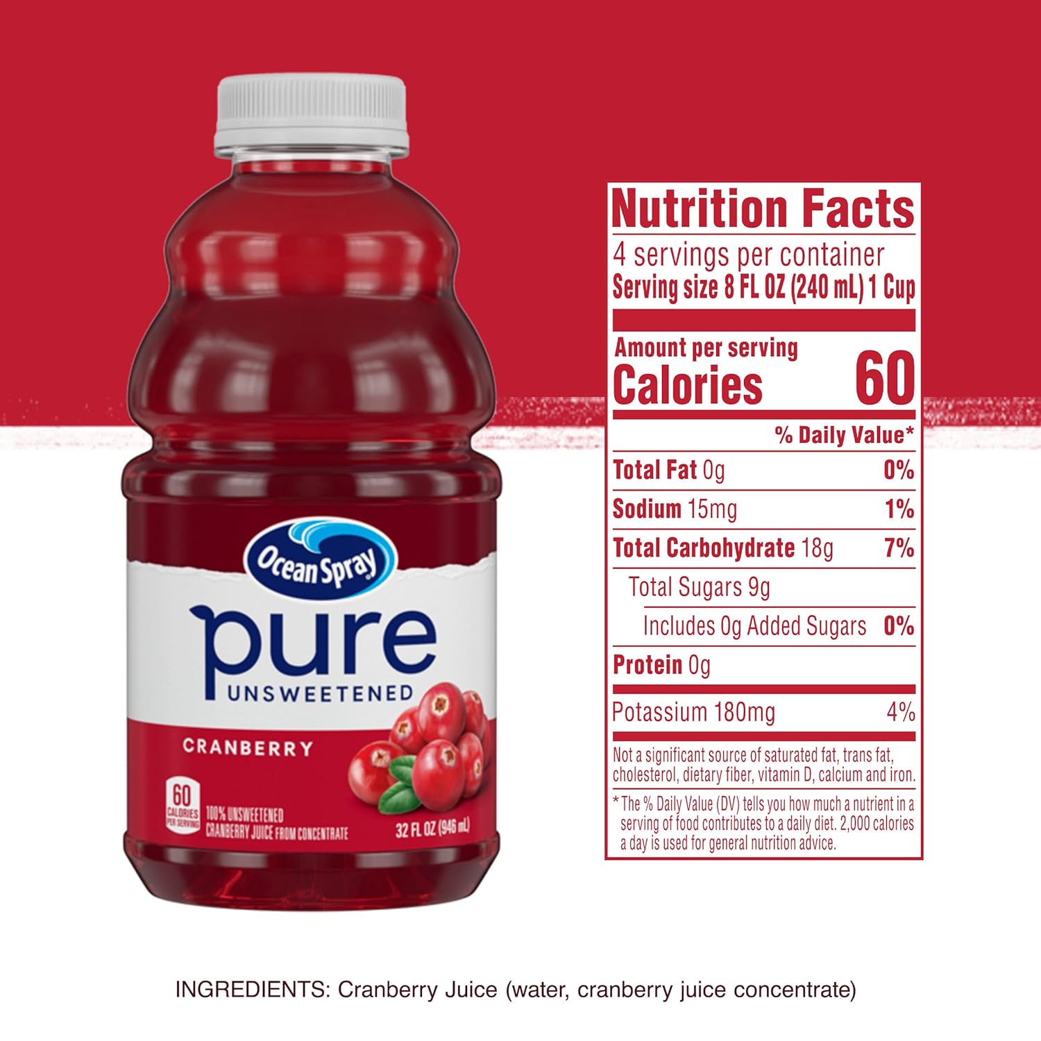 Ocean Spray® Pure Unsweetened Cranberry Juice – Durable Travel Bottle for Camping and Road Trips, 32 Fl Oz