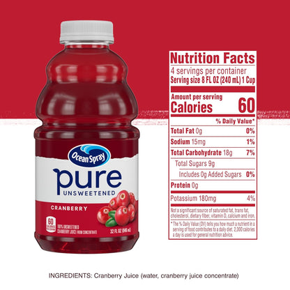 Ocean Spray® Pure Unsweetened Cranberry Juice – Durable Travel Bottle for Camping and Road Trips, 32 Fl Oz