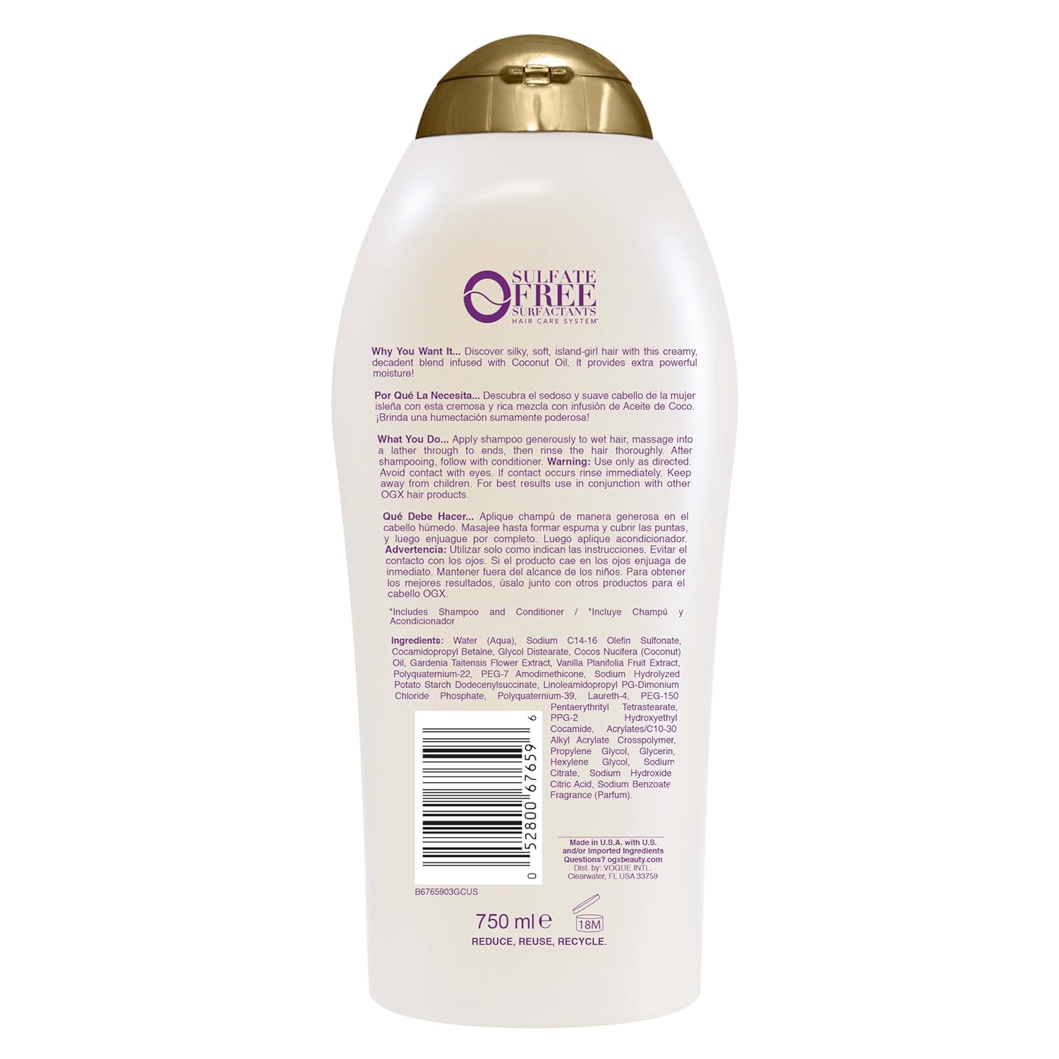 OGX Coconut Miracle Oil Shampoo – Streamlined Daily Wash for Intentional Routines, Paraben-Free Formula in One Essential Step