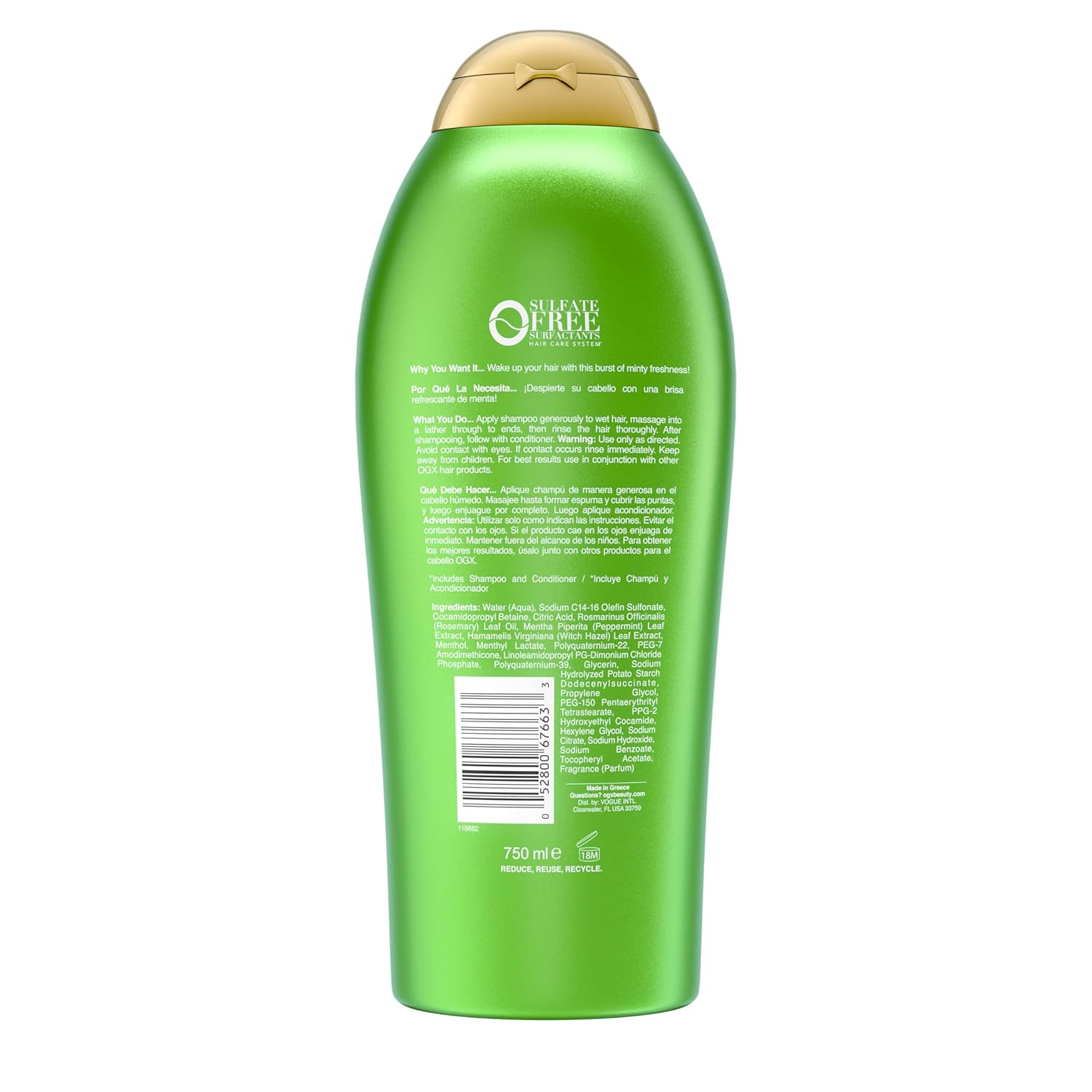 OGX Extra Strength Refreshing Scalp + Rosemary Mint Shampoo – Simple Sulfate-Free Shampoo for Intentional Haircare Routines and Neutral Bathroom Aesthetic, 25.4 fl. oz
