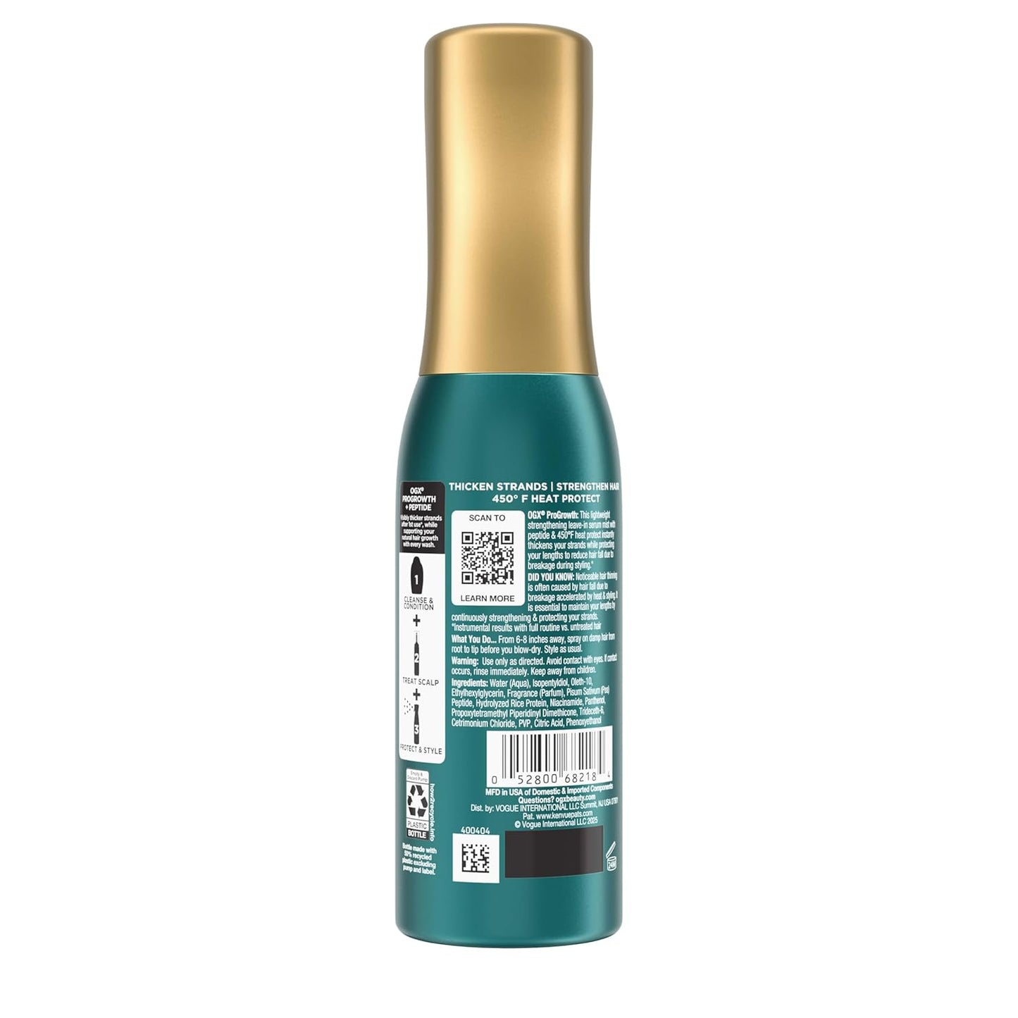 OGX ProGrowth + Peptide Serum Mist – Daily Wellness Leave-In for Stronger, Fuller-Looking Strands, 6.5 fl oz