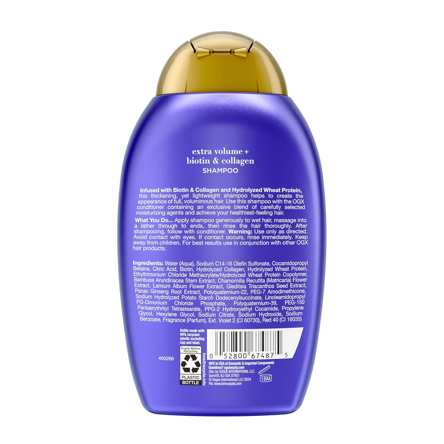 OGX Thick & Full + Biotin Collagen Volumizing Shampoo for Fine Hair – Sulfate-Free Color-Safe Wash for Sensitive, Thinning Hair, 13 Fl Oz