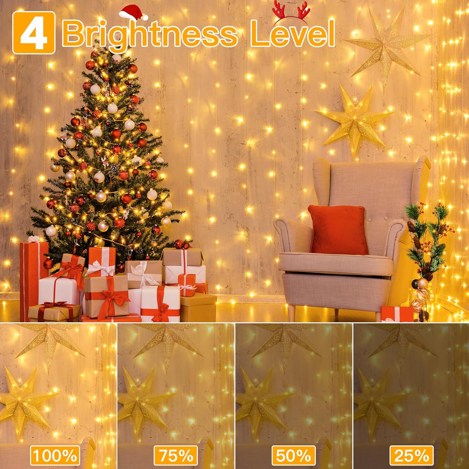 Ollny 200 LED Curtain String Lights – Intentional Home Decor with 8 Subtle Modes and 4 Quiet Brightness Levels