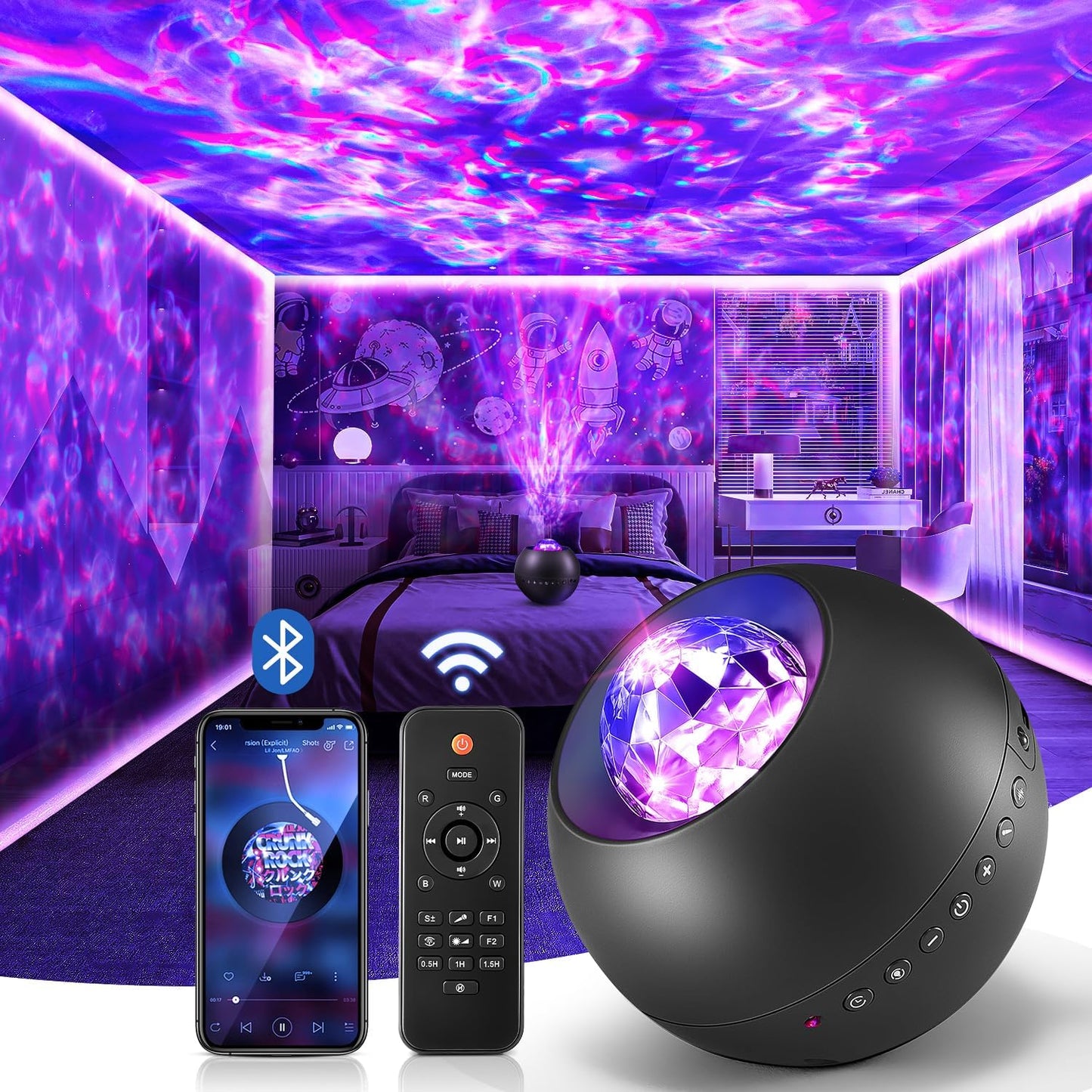 One Fire Galaxy Light Projector in Black Purple and Gray – Designer Ambient Light for Cozy Home Atmosphere with Music Sync and Remote Control