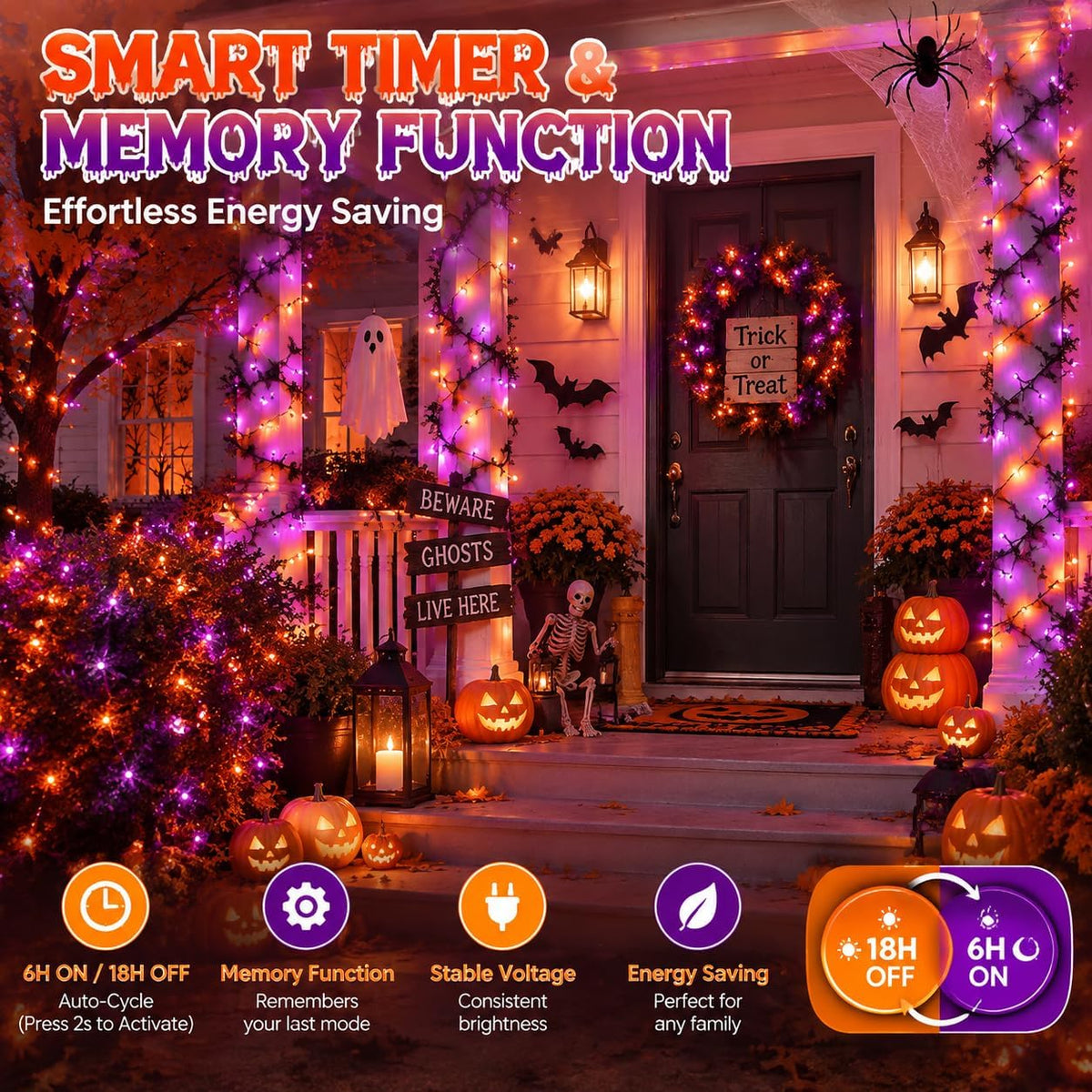 OZS Halloween String Lights – Auto Shutoff Timer for Kids' Spaces, Break-Resistant Green Wire