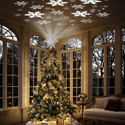 PliMook Snowflake Christmas Tree Topper Light, 6 LED Projection Slides and 3D Glitter Glow, Ready-to-Gift Holiday Present for Friends and Family, Silver