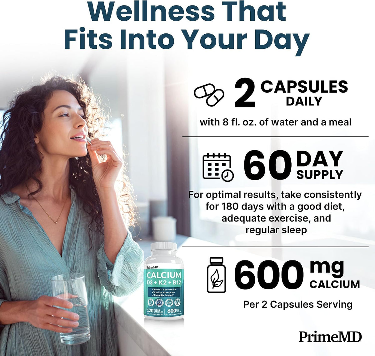 PrimeMD 4-in-1 Vegan Calcium B12 – Morning Routine Anchor for Working Parents, 120ct