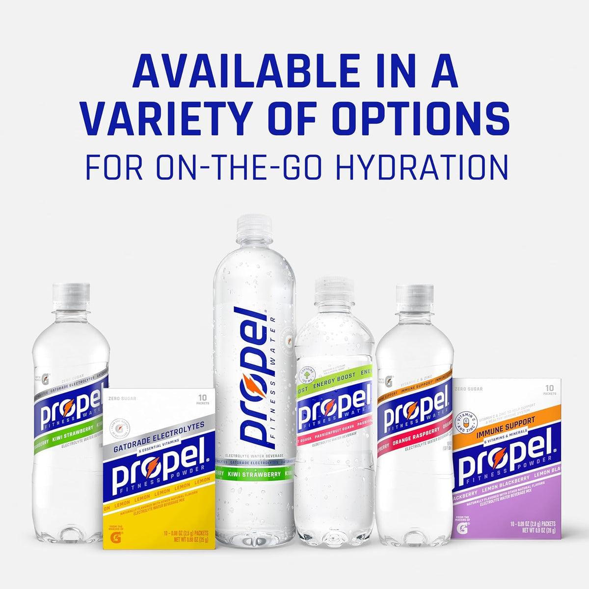 Propel Electrolyte Beverage – All-Terrain Hydration for Soccer Fields and Tennis Courts, 8 Flavor Pack