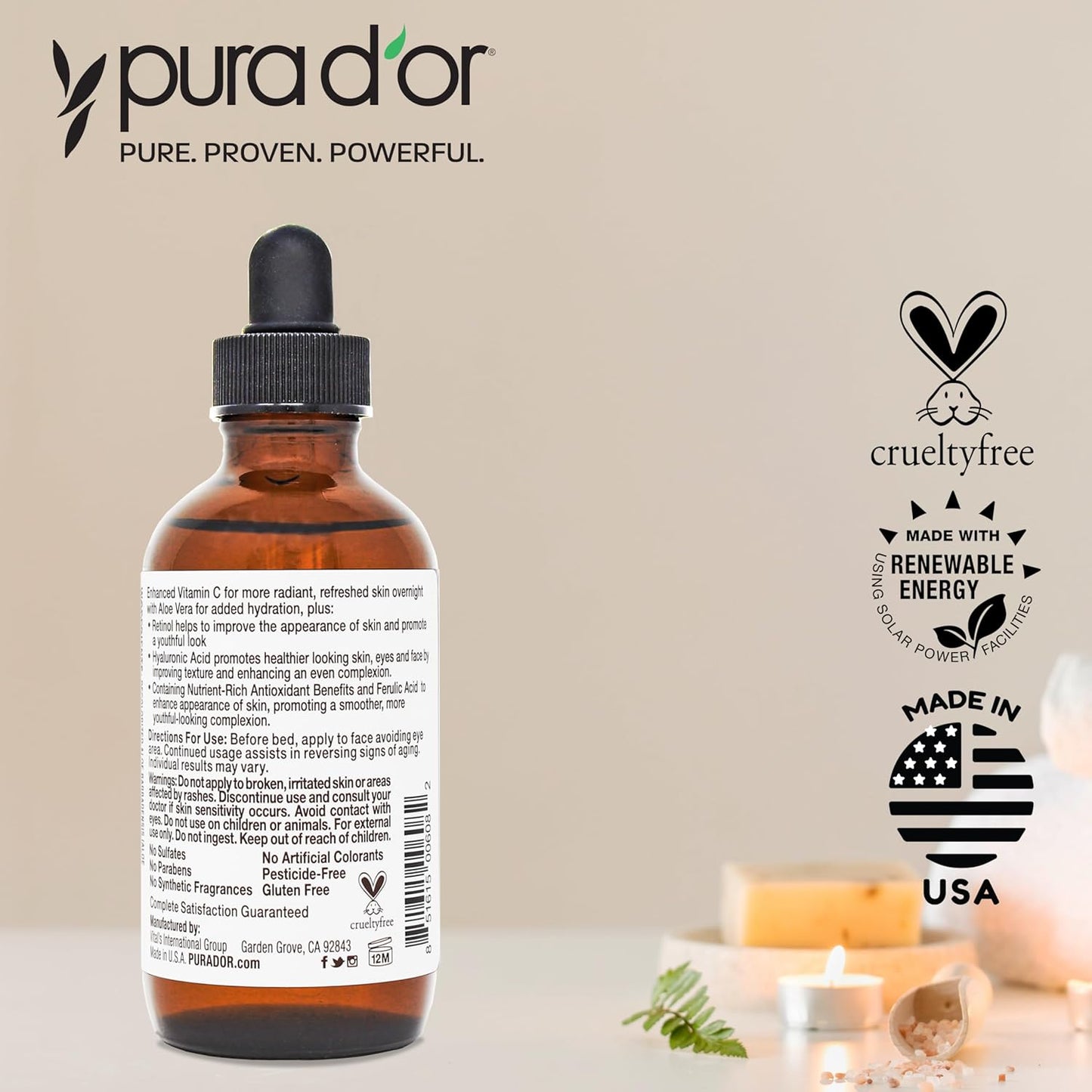 PURA D'OR 20% Vitamin C Facial Serum 4 Oz – Premium Age-Defying Treatment for an Elevated Vanity