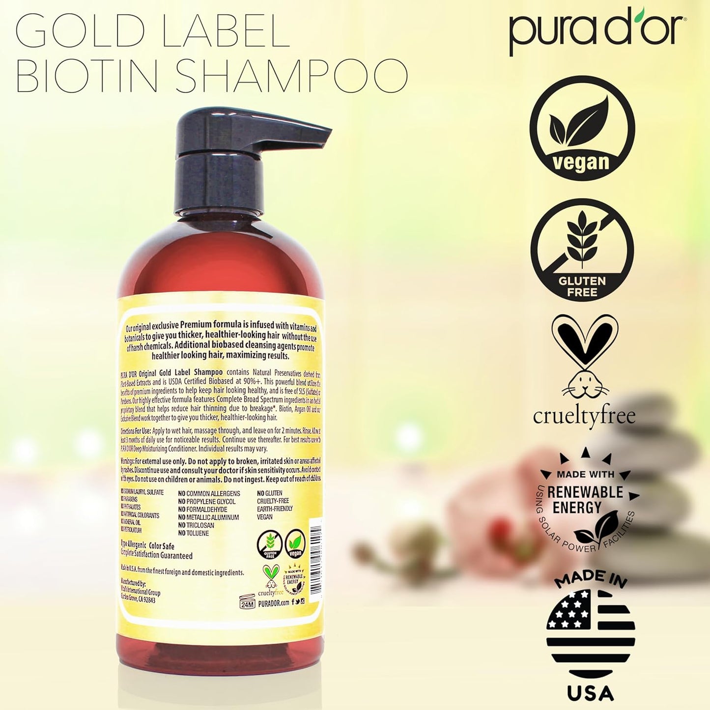 PURA D'OR Original Gold Label Shampoo – Mindful Hair Care for Stress-Related Shedding, Vegan Volumizing Wash