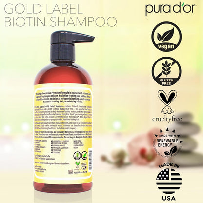 PURA D'OR Original Gold Label Shampoo – Mindful Hair Care for Stress-Related Shedding, Vegan Volumizing Wash