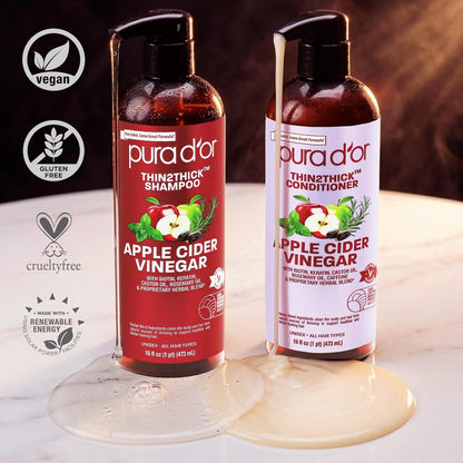 PURA D'OR Thin2Thick Shampoo & Conditioner Set — At-Home Spa Hair Care for Stress-Related Shedding, Sulfate-Free Clarifying Detox, 32oz Total