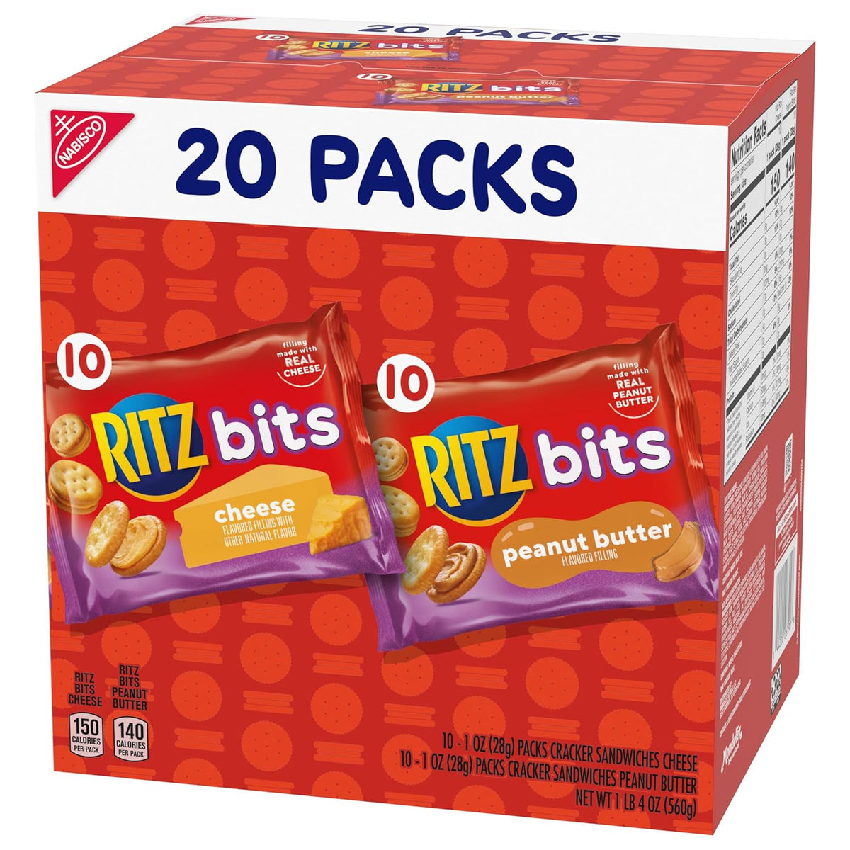 RITZ Bits Cheese and PB Crackers Variety Pack – Travel Snacks for Road Trips, Flights, and Hotel Stays, 20 Single-Serve Boxes