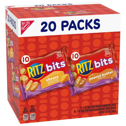 RITZ Bits Cheese and PB Crackers Variety Pack – Travel Snacks for Road Trips, Flights, and Hotel Stays, 20 Single-Serve Boxes