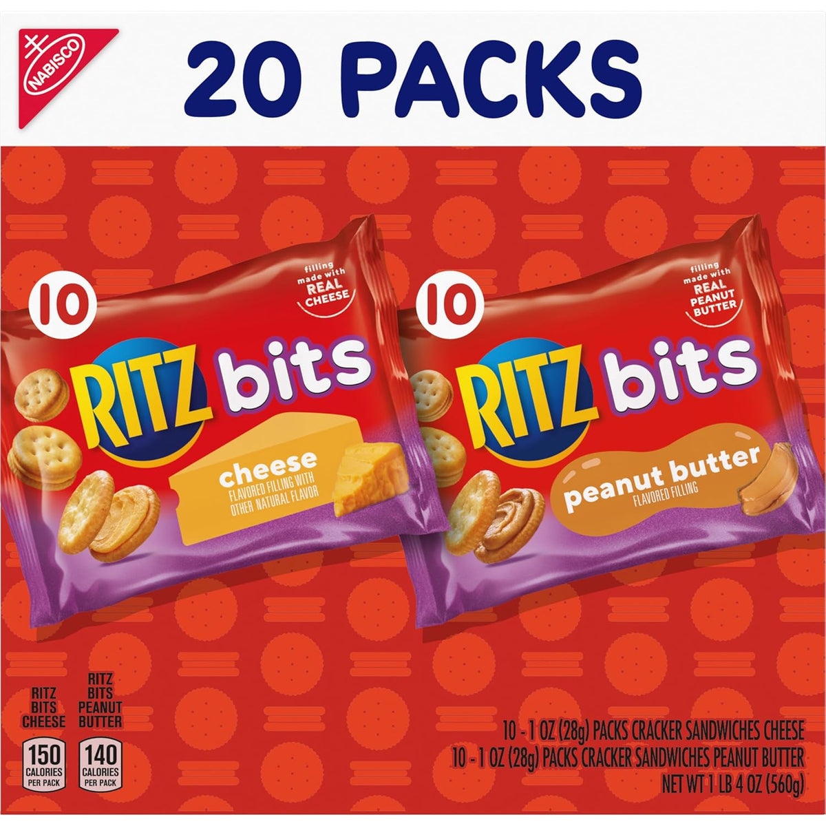 RITZ Bits Cheese and PB Crackers Variety Pack – Travel Snacks for Road Trips, Flights, and Hotel Stays, 20 Single-Serve Boxes