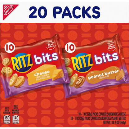 RITZ Bits Cheese and PB Crackers Variety Pack – Travel Snacks for Road Trips, Flights, and Hotel Stays, 20 Single-Serve Boxes