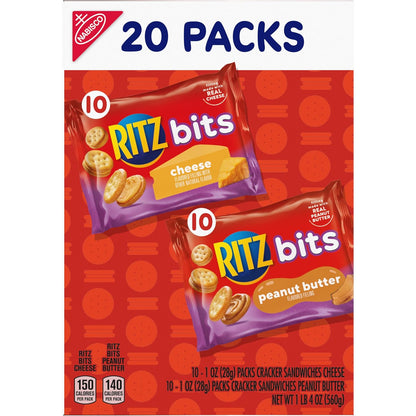RITZ Bits Cheese and PB Crackers Variety Pack – Travel Snacks for Road Trips, Flights, and Hotel Stays, 20 Single-Serve Boxes