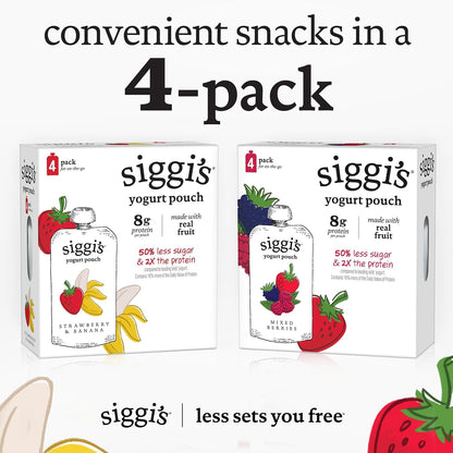 siggi's Strawberry Banana Reduced Fat Yogurt Pouches – Clean-Label Snack for Health-Conscious Home Kitchens, 3.5 oz, 4 ct