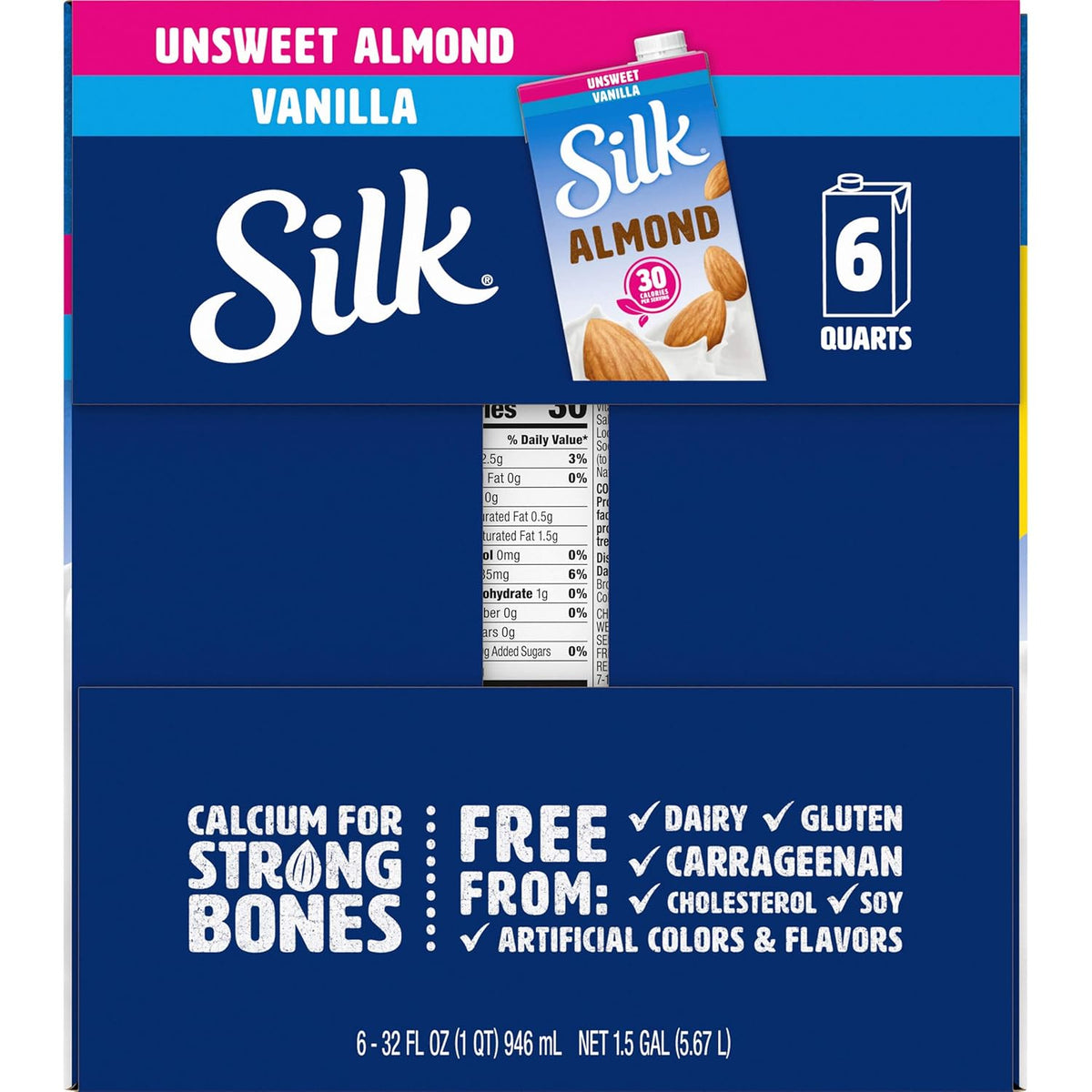 Silk Almond Milk Unsweetened Vanilla – Wellness Pantry Staple for Low-Calorie Morning Routines, 1 Quart Pack of 6