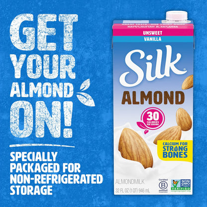 Silk Almond Milk Unsweetened Vanilla – Wellness Pantry Staple for Low-Calorie Morning Routines, 1 Quart Pack of 6