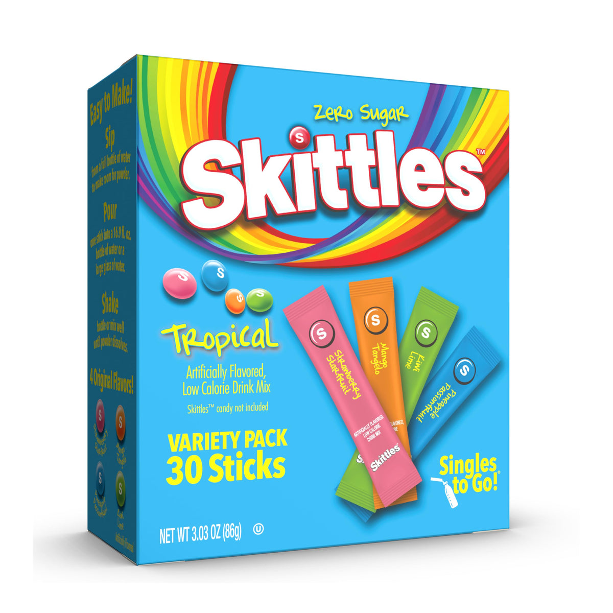 SINGLES TO GO! Skittles Variety Pack – Sugar-Free Drink Mix Packets for Kid Lunchboxes, Zero Calorie Water Flavoring Sticks