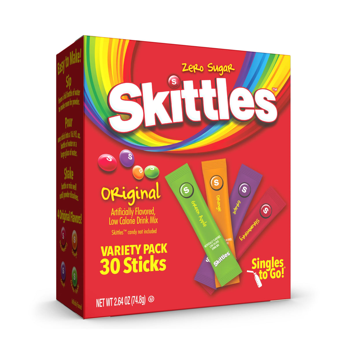 SINGLES TO GO! Skittles Variety Pack – Sugar-Free Drink Mix Packets for Kid Lunchboxes, Zero Calorie Water Flavoring Sticks