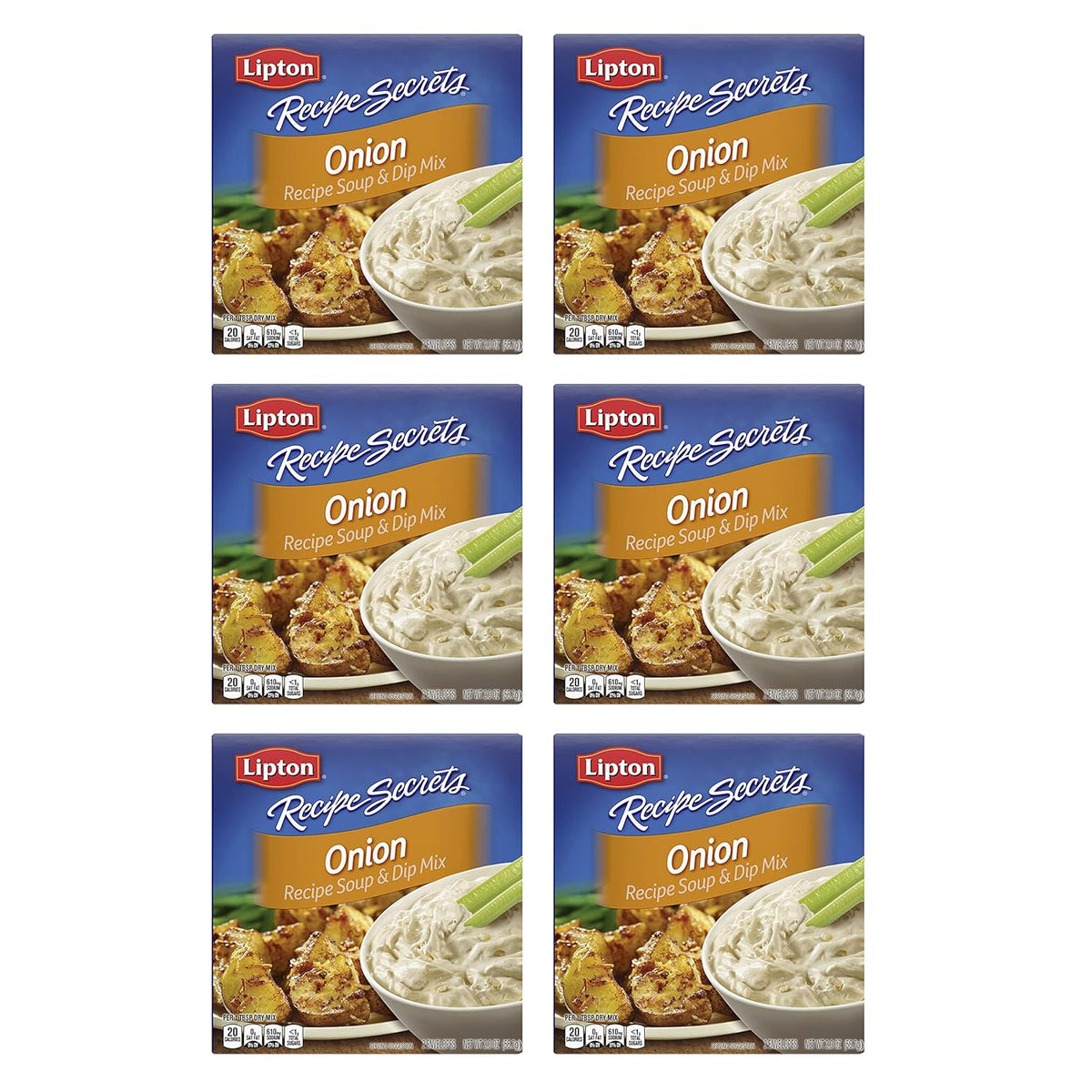 six individually portioned 2 oz envelopes of dry onion soup and dip mix