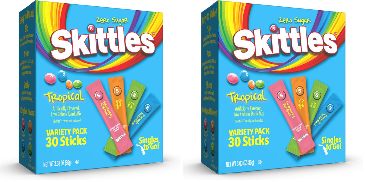 Skittles Singles To Go Tropical Variety Pack, Watertok Powdered Drink Mix, Includes 4 Flavors, Strawberry Starfruit, Mango Tangelo, Kiwi Lime, Pineapple Passionfruit, 1 Box (30 Servings) (Pack of 2)