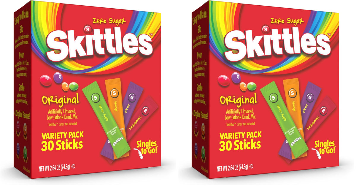 Skittles Singles To Go Variety Pack, Powdered Drink Mix, Zero Sugar, Low Calorie, Includes 4 Flavors: Green Apple, Strawberry, Grape, Orange, 1 Box (30 Single Servings) (Pack of 2)