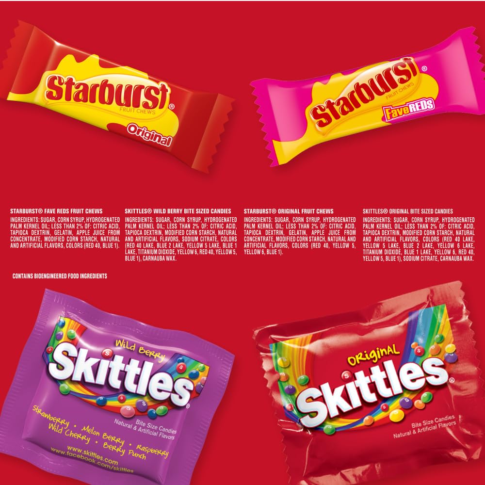 Skittles Starburst Fun Size Candy – Heat Resistant Trick or Treat Handout for Porch and Driveway, Bulk 32.28 oz