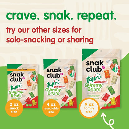 Snak Club Tajin Gummy Bears – School Snack Packs, Mildly Spicy Vegan Gummy Bears for Lunch