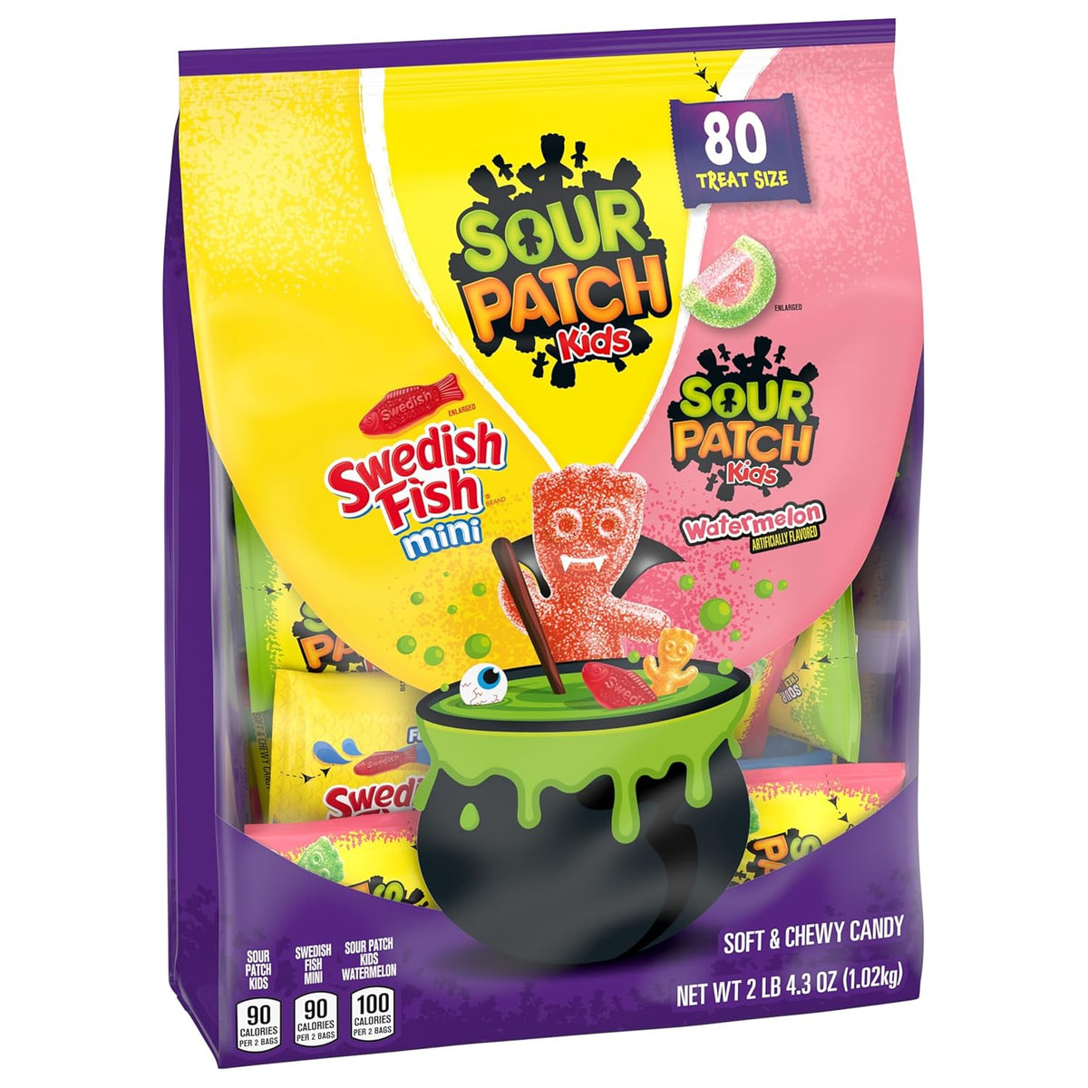 SOUR PATCH KIDS and SWEDISH FISH Halloween Candy for Front Porch Decor and Trick or Treat Bowl, Bulk 80 Chewy Mini Bags