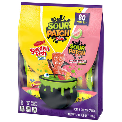 SOUR PATCH KIDS and SWEDISH FISH Halloween Candy for Front Porch Decor and Trick or Treat Bowl, Bulk 80 Chewy Mini Bags
