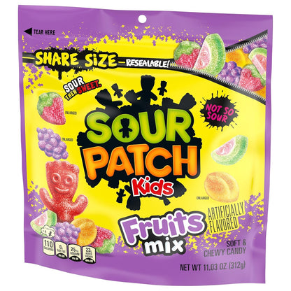 SOUR PATCH KIDS Fruits Mix Soft & Chewy Candy for Kids Lunchboxes and School Snacks, Share Size 11.03 oz