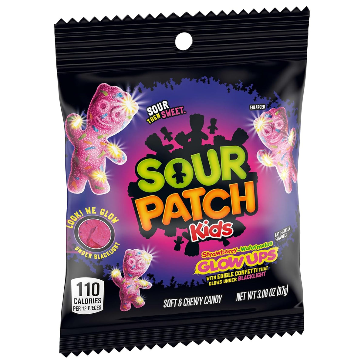 SOUR PATCH KIDS Glow Ups Strawberry-Watermelon Soft & Chewy Candy, Child-Friendly Bulk Snack for Halloween and Classroom Celebrations, 12-3.08 oz Bags
