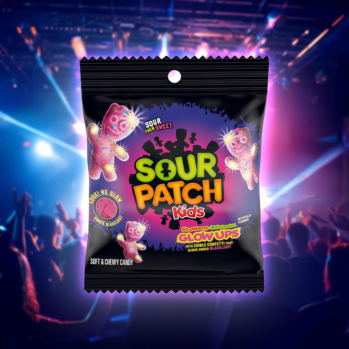 SOUR PATCH KIDS Glow Ups Strawberry-Watermelon Soft & Chewy Candy, Child-Friendly Bulk Snack for Halloween and Classroom Celebrations, 12-3.08 oz Bags