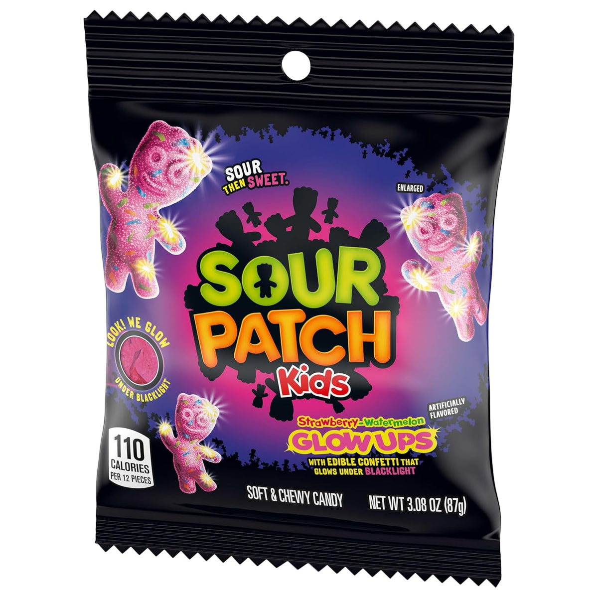SOUR PATCH KIDS Glow Ups Strawberry-Watermelon Soft & Chewy Candy, Child-Friendly Bulk Snack for Halloween and Classroom Celebrations, 12-3.08 oz Bags