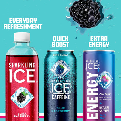Sparkling Ice Caffeine Black Raspberry Sparkling Water for Calm Energy Lifestyle, Sugar Free Sparkling Drink for At-Home Mindful Moments