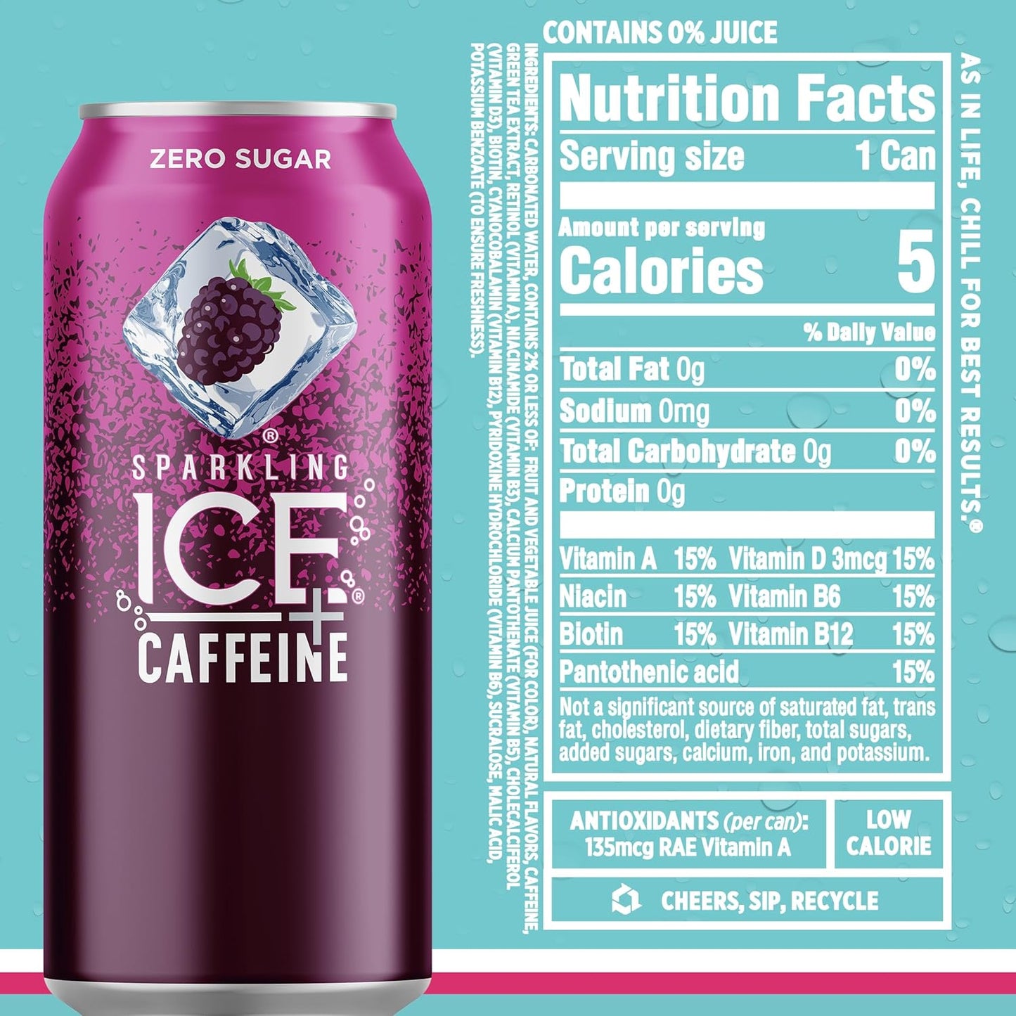 Sparkling Ice Caffeine Black Raspberry Sparkling Water for Calm Energy Lifestyle, Sugar Free Sparkling Drink for At-Home Mindful Moments