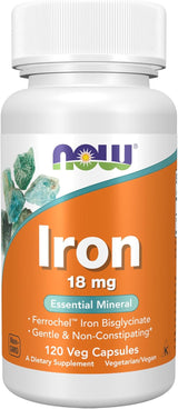 NOW Foods Iron 18 mg Ferrochel Chelate – Non-Constipating Iron for Athlete Recovery and Output, 120 Veg Capsules