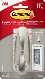 Command Large Designer Hook – Brushed Nickel Designer Hook Gift for College Students Furnishing a Dorm Room