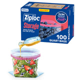 Ziploc Quart Storage Bags with Clean Stackable Square Design for Clutter-Free Fridges and Freezers, 100 Count