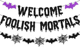 Halloween Mansion Welcome Banner Set – Outdoor Entryway and Garage Party Decoration with Bat and Spider Web Design