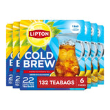 Lipton Cold Brew Black Tea Bags Family Size 6-Pack 132 Total Bags Rainforest Alliance Certified Iced Tea for Summer Cookout and Poolside Hydration