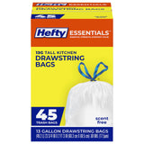 Hefty Essentials Drawstring 13 Gallon Tall Kitchen Trash Bags – Clean White Drawstring Bags for Minimalist Kitchens and Intentional Home Living, Bulk Pack