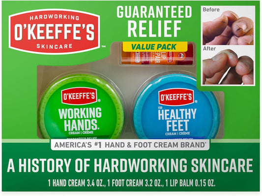 three-piece set: 3.4 oz working hands jar, 3.2 oz healthy feet jar, and lip repair stick with cherry and vitamin e